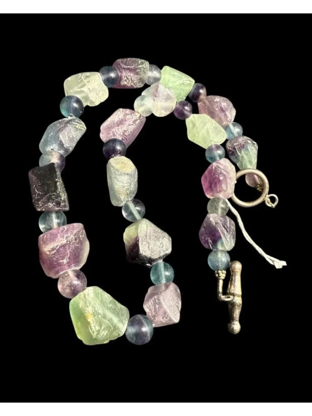 Vintage Sterling Silver Raw Fluorite Necklace Crystal Beaded Toggle 17”